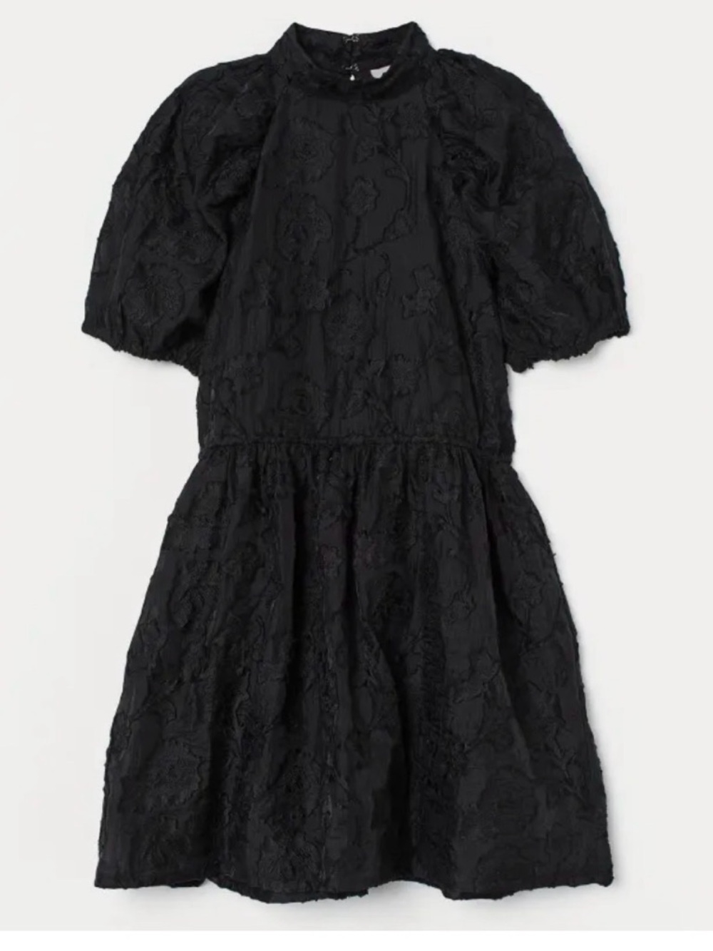 H&M Black Floral Jacquard Puff-Sleeve Dress